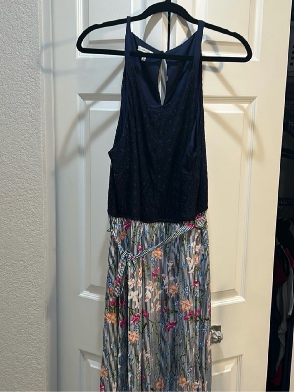 Maurices Navy Lace Tank Floral Stripe Maxi Dress with Belt 2X